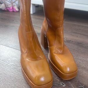 Free People Tan Platform Mid-Calf Heeled Boots